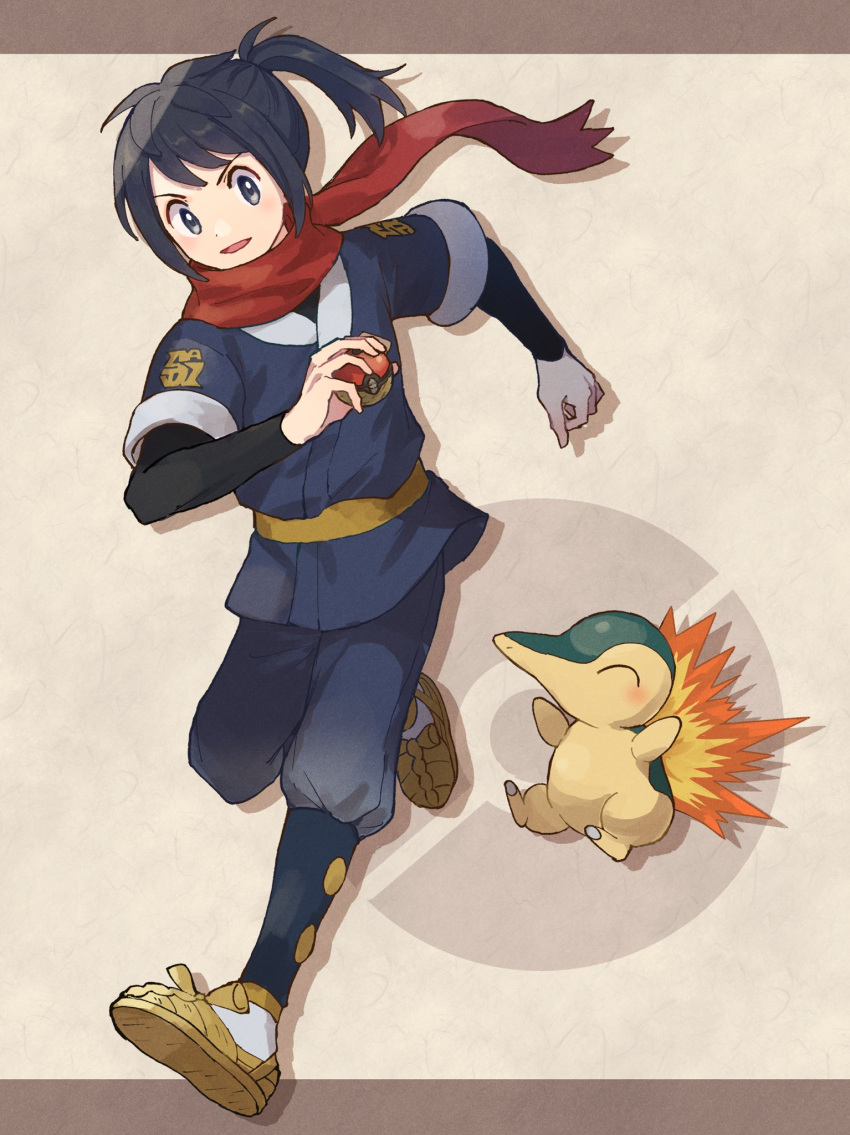 1boy bangs black_hair black_shirt brown_footwear commentary_request cyndaquil floating_scarf grey_eyes highres holding holding_poke_ball jacket logo male_focus open_mouth pants poke_ball poke_ball_(legends) pokemon pokemon_(creature) pokemon_(game) pokemon_legends:_arceus ponytail red_scarf rei_(pokemon) scarf shirt shoes smile wednesday_108