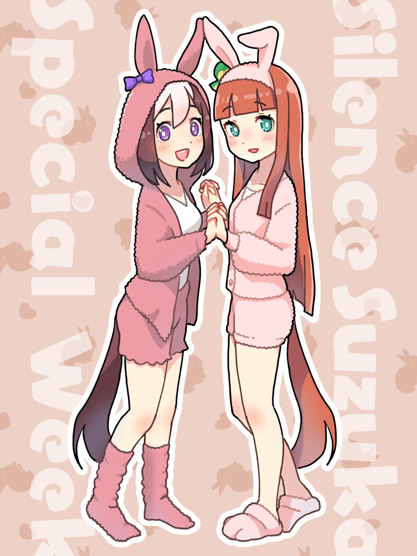 2girls absurdres animal_ears animal_hood bangs blunt_bangs blush brown_hair character_name fake_animal_ears full_body green_eyes hairband highres holding_hands hood hood_up horse_tail interlocked_fingers jacket long_hair loose_socks loungewear multiple_girls oishi_oiru open_mouth pink_jacket pink_shorts pink_socks purple_eyes rabbit_ears shirt shorts silence_suzuka_(umamusume) slippers smile socks special_week_(umamusume) standing tail umamusume white_shirt