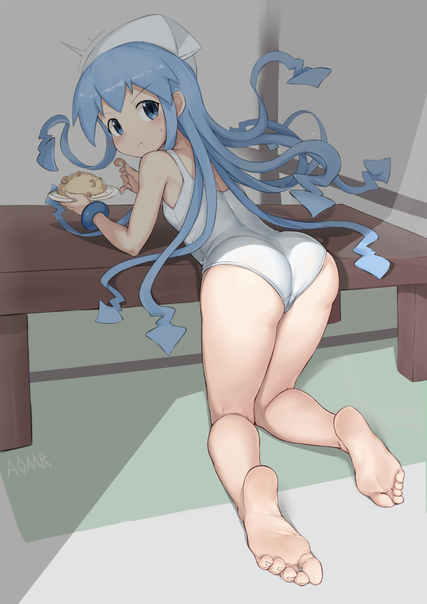 1girl aomoro artist_name ass bangs bare_legs barefoot bent_over blue_eyes blue_hair blush bracelet breasts commentary eating feet food from_behind full_body hat highres holding ikamusume indoors jewelry kneepits leaning_on_table legs long_hair looking_back official_alternate_costume one-piece_swimsuit plate shadow shinryaku!_ikamusume shiny shiny_hair shrimp small_breasts soles solo squid_hat swimsuit symbol-only_commentary table tentacle_hair tentacles toenails toes white_headwear white_one-piece_swimsuit