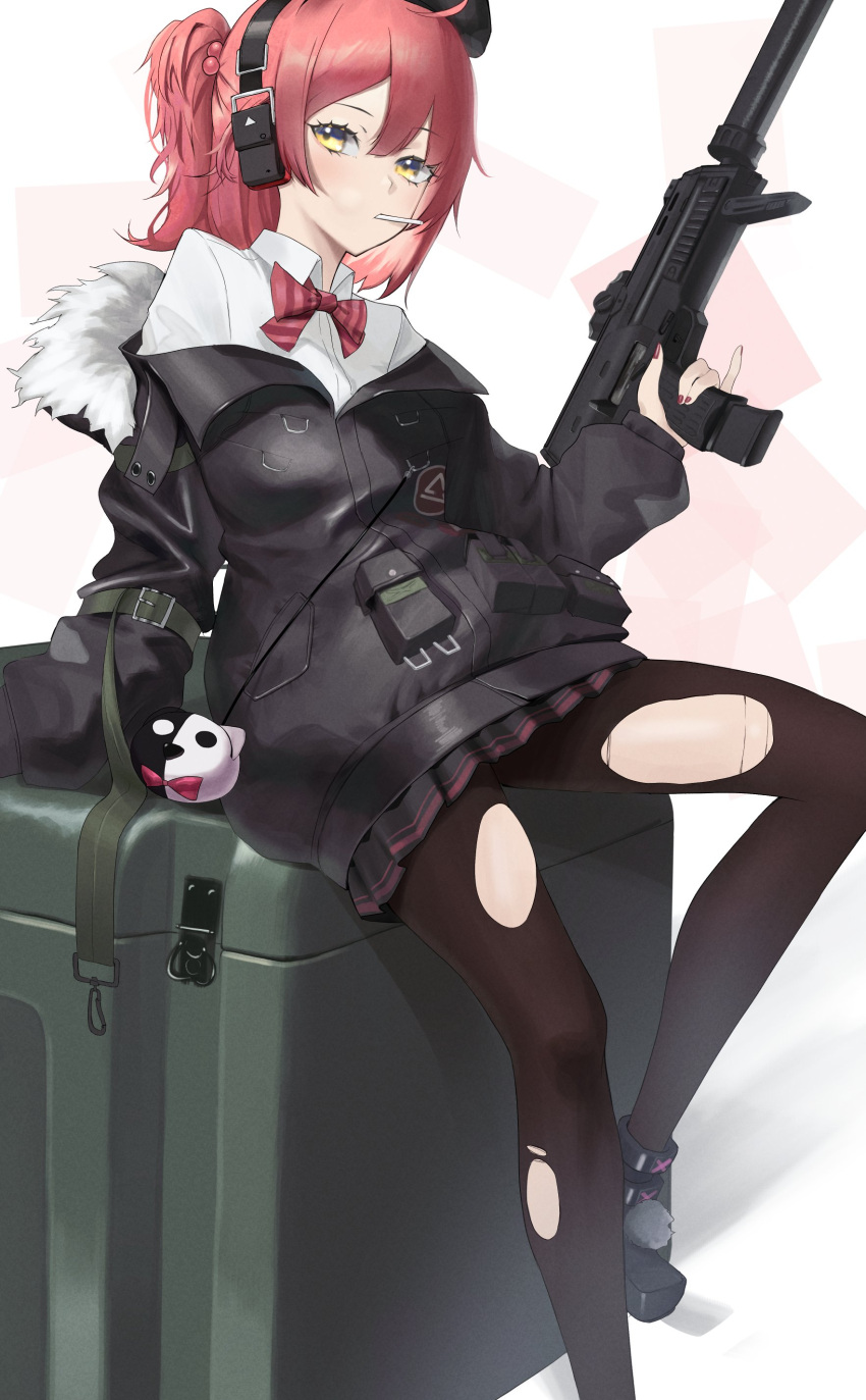 1girl absurdres ahoge bangs beret black_footwear black_jacket black_pantyhose black_skirt bow bowtie candy food foot_out_of_frame fur-trimmed_jacket fur_trim girls'_frontline gun h&amp;k_mp7 hat headphones highres holding holding_gun holding_weapon hood hooded_jacket jacket jacket_pull lollipop long_sleeves medium_hair mp7_(girls'_frontline) nail_polish pantyhose pleated_skirt red_bow red_bowtie red_hair red_nails revision saturndxy shirt shoes side_ponytail sitting skirt solo submachine_gun suppressor torn_clothes torn_pantyhose trigger_discipline weapon white_background white_shirt yellow_eyes