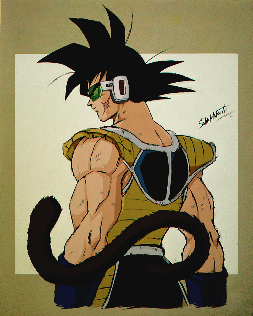 1boy artist_name bardock black_hair commentary dragon_ball dragon_ball_super highres looking_afar male_focus monkey_tail muscular muscular_male redrawn retro_artstyle saiyan_armor salvamakoto scar scar_on_cheek scar_on_face scouter solo spanish_commentary spiked_hair tail upper_body