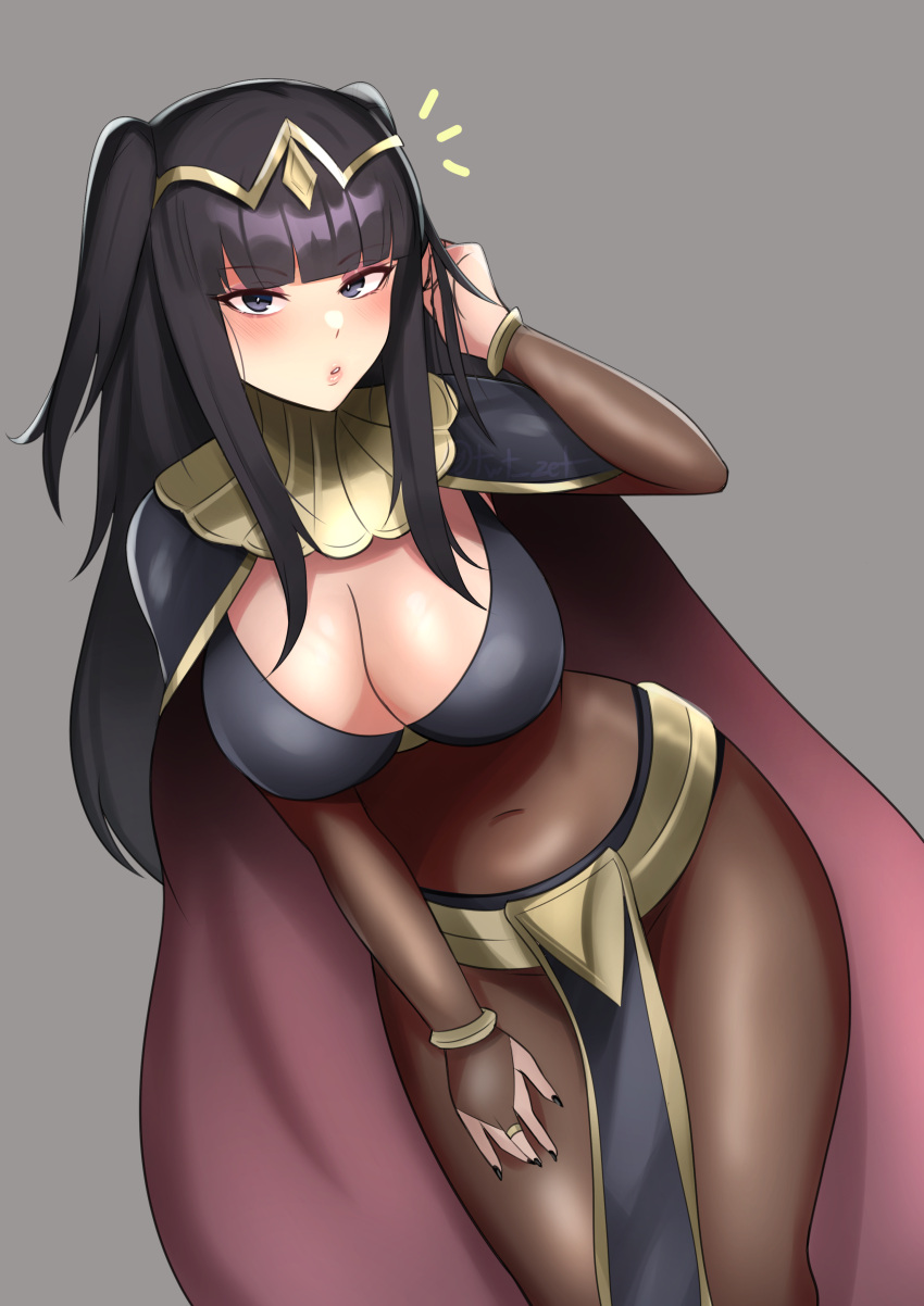 1girl :o absurdres bangs black_eyes black_hair blunt_bangs bodystocking bracelet breasts bridal_gauntlets cleavage collar commentary covered_navel english_commentary fire_emblem fire_emblem_awakening grey_background hair_ornament highres jewelry large_breasts long_hair looking_at_viewer pelvic_curtain simple_background skin_tight solo tharja_(fire_emblem) tiara two_side_up zet_(twt_zet)