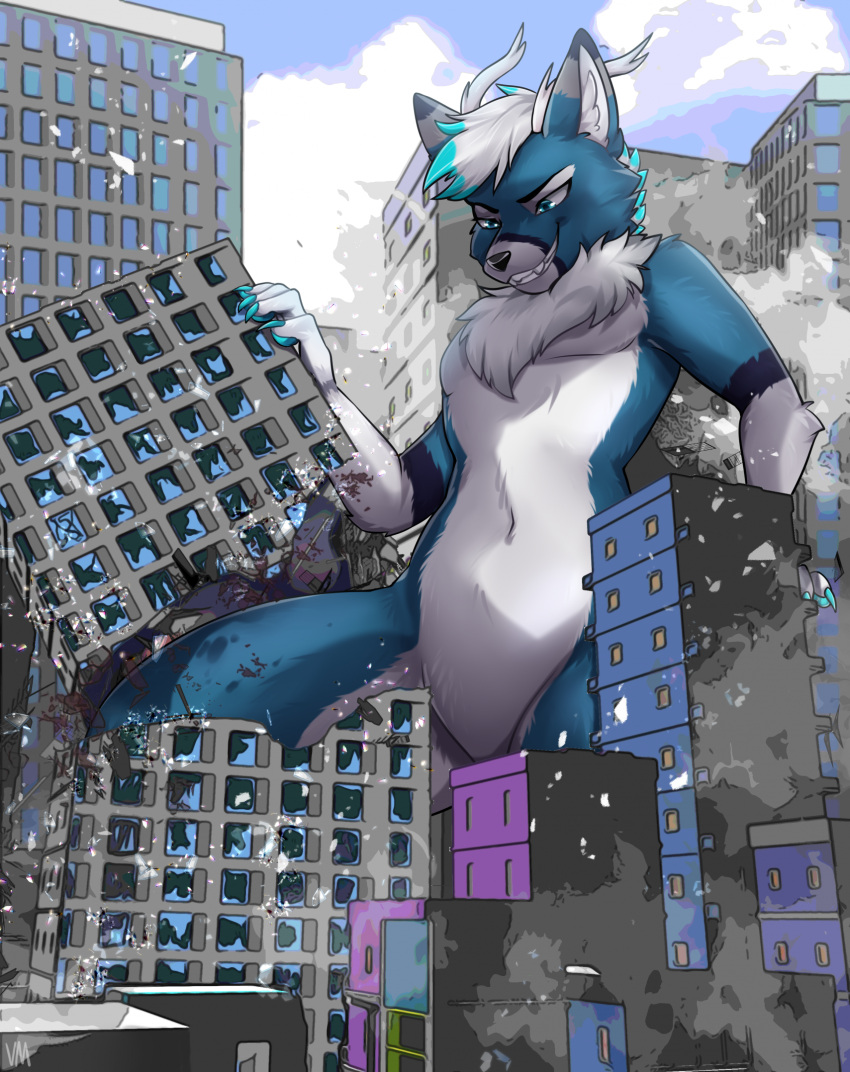 2022 anthro broken_glass building building_destruction cervid cloud debris evil_grin fur glass hi_res macro male mammal multicolored_body multicolored_fur sky skyscraper smile smoke solo teeth villmix