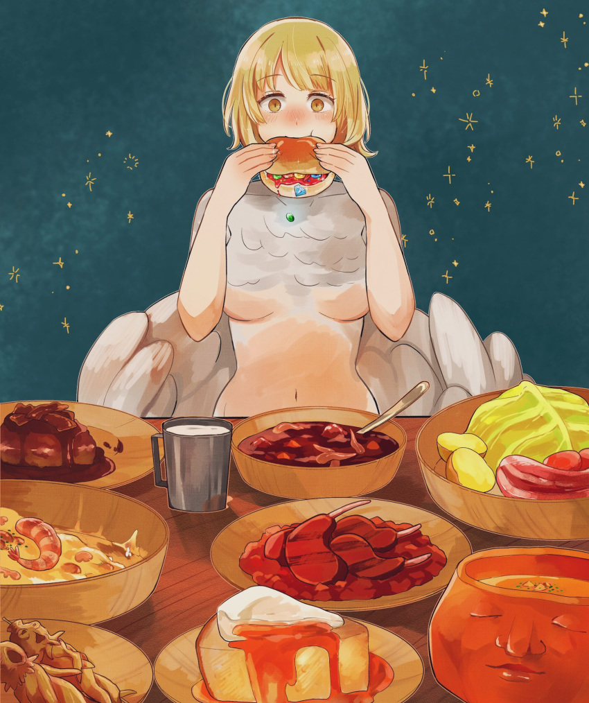 1girl :t bangs biting blonde_hair blue_background blue_gemstone blush bowl breasts burger cabbage cream cup dungeon_meshi eating falin_thorden feathered_wings feathers food fruit_cup gem green_gemstone hands_up highres holding holding_food kirukiruababa looking_at_viewer mandrake meat monster_girl navel nude pie pie_slice potato pov_across_table pumpkin short_hair shrimp solo soup spoilers spoon stew straight-on table underboob upper_body wings wooden_table yellow_eyes