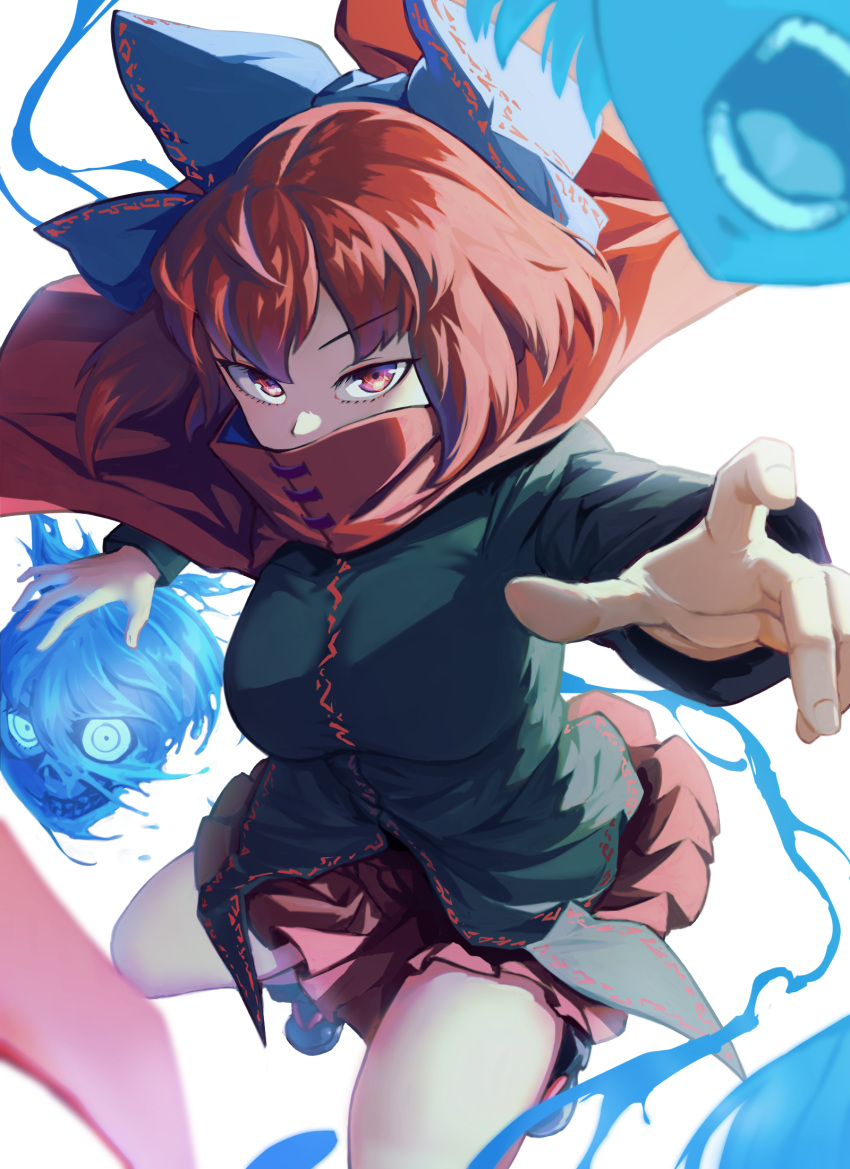 1girl bangs black_footwear blue_bow bow cape commentary_request covered_mouth eidenjyou1997 green_shirt hair_bow highres hitodama long_sleeves looking_at_viewer medium_hair red_cape red_eyes red_hair red_skirt sekibanki shirt skirt solo touhou white_background