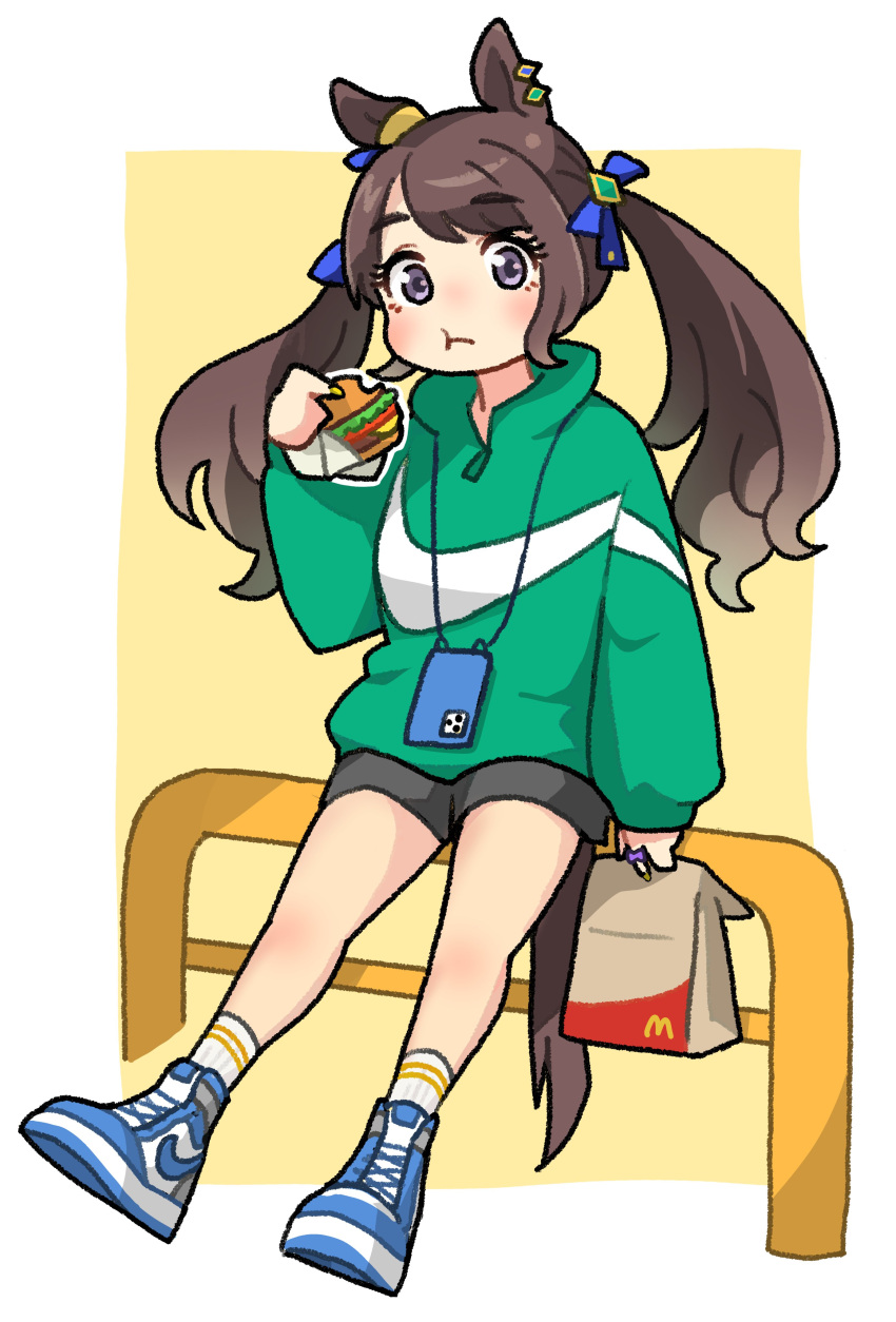 1girl absurdres alternate_costume animal_ears bag black_shorts blue_footwear brown_hair burger cellphone eating food full_body green_hoodie grey_eyes hand_up high_tops highres holding holding_bag holding_food hood hoodie horse_ears horse_girl horse_tail long_hair long_sleeves looking_at_viewer mcdonald's oishi_oiru paper_bag phone shoes short_shorts shorts sneakers socks solo tail tosen_jordan_(umamusume) twintails umamusume white_socks