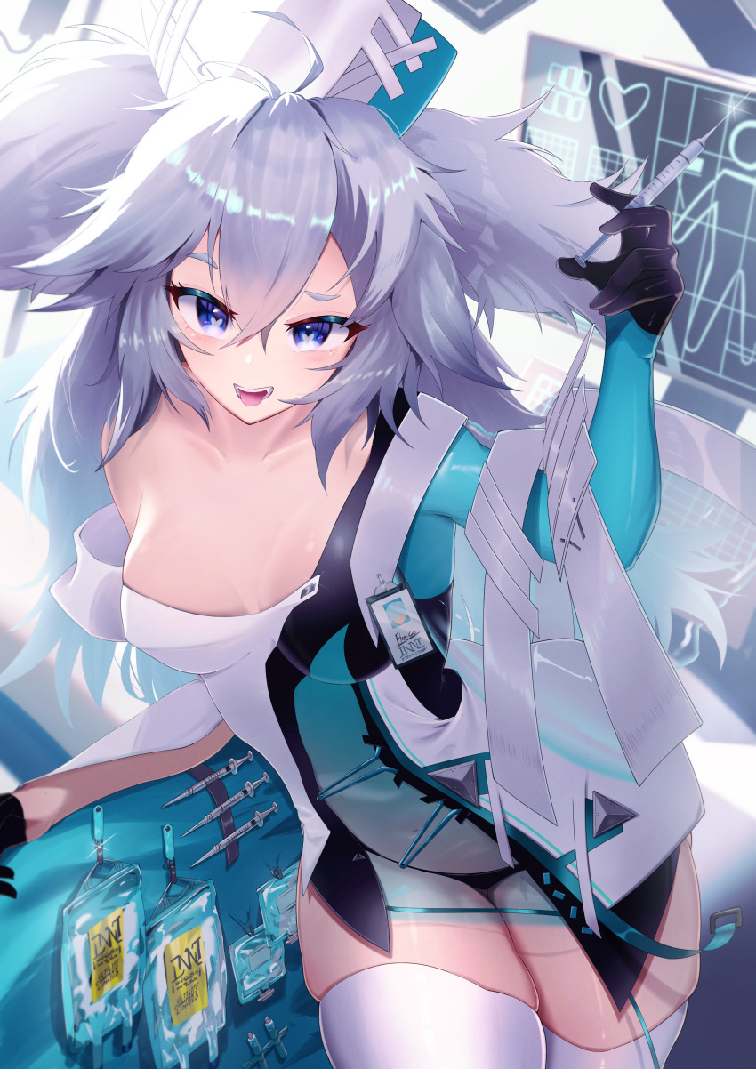 1girl absurdres asymmetrical_gloves black_gloves black_panties blue_hair breasts collarbone eiryu33 girls'_frontline girls'_frontline_neural_cloud gloves half_gloves hand_up hat heart heart-shaped_pupils highres holding holding_syringe id_card intravenous_drip light_blue_hair mismatched_gloves nurse_cap pa-15_(girls'_frontline) panties see-through small_breasts symbol-shaped_pupils syringe thighhighs twintails underwear white_thighhighs