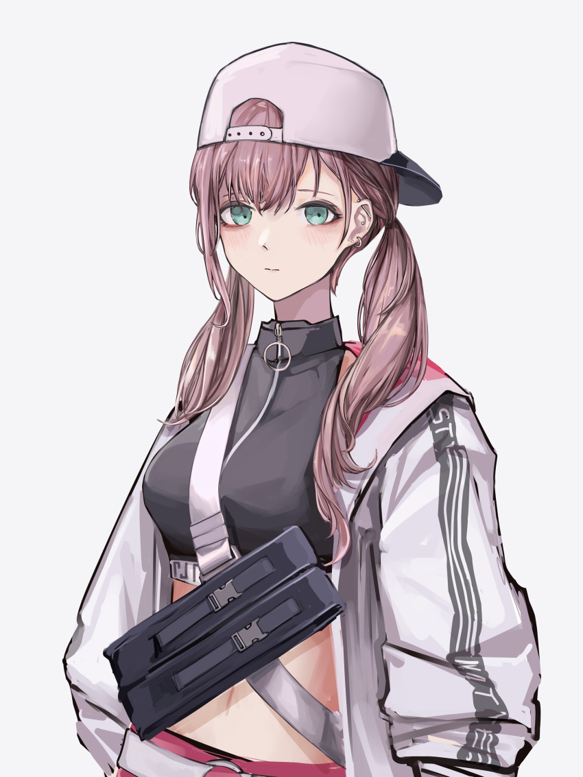 1girl absurdres alternate_hairstyle aqua_eyes ar-57_(girls'_frontline) bangs baseball_cap black_shirt blush breasts closed_mouth commentary crop_top ear_piercing girls'_frontline hat highres jacket lithographica long_hair long_sleeves looking_at_viewer medium_breasts open_clothes open_jacket piercing pink_hair shirt solo twintails upper_body white_background white_headwear white_jacket