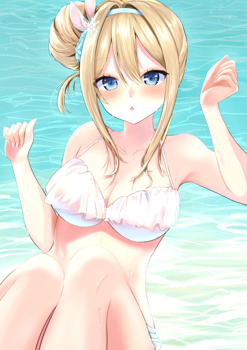 1girl :o arms_up bangs bare_shoulders bikini blonde_hair blue_eyes blue_hairband blush breasts cleavage collarbone commentary girls'_frontline hair_bun hair_ornament hairband highres large_breasts long_hair looking_at_viewer nakaryo0404 ocean official_alternate_costume on_water open_mouth single_side_bun sitting snowflake_hair_ornament solo suomi_(girls'_frontline) suomi_(midsummer_pixie)_(girls'_frontline) swimsuit upper_body water white_bikini