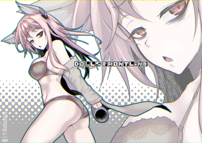 1girl animal_ears artist_name ass bra breasts brown_bra brown_panties cat_ears coffee_mug commentary_request copyright_name cup from_side girls'_frontline grey_background holding holding_cup labcoat large_breasts long_hair looking_at_viewer looking_back mug multicolored_background off_shoulder open_mouth panties persica_(girls'_frontline) pink_hair red_eyes ryuu_tou simple_background solo twitter_username underwear underwear_only white_background zoom_layer
