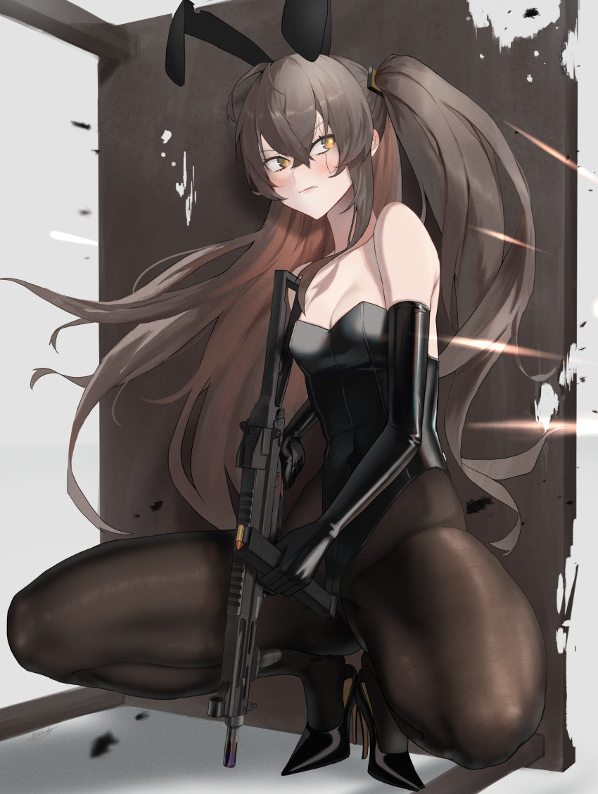 1girl absurdres alternate_costume animal_ears bangs bare_shoulders black_footwear black_gloves black_leotard black_pantyhose blush breasts brown_eyes brown_hair cleavage collarbone commentary elbow_gloves embarrassed fake_animal_ears full_body girls'_frontline gloves gun h&amp;k_ump45 high_heels highres holding holding_gun holding_weapon leather leather_gloves leotard long_hair looking_away open_mouth pantyhose parted_lips playboy_bunny rabbit_ears saturndxy scar scar_across_eye side_ponytail simple_background sitting small_breasts solo squatting submachine_gun table thighs ump45_(girls'_frontline) weapon