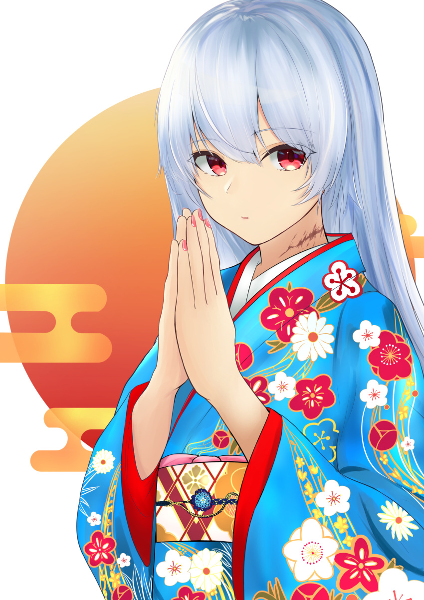 1girl 2022 absurdres alternate_costume bangs blue_hair blue_kimono closed_mouth commentary girls'_frontline hand_on_hand highres japanese_clothes kimono lips long_hair looking_at_viewer nail_polish nakaryo0404 pink_nails red_eyes scar scar_on_neck simple_background solo thunder_(girls'_frontline) upper_body