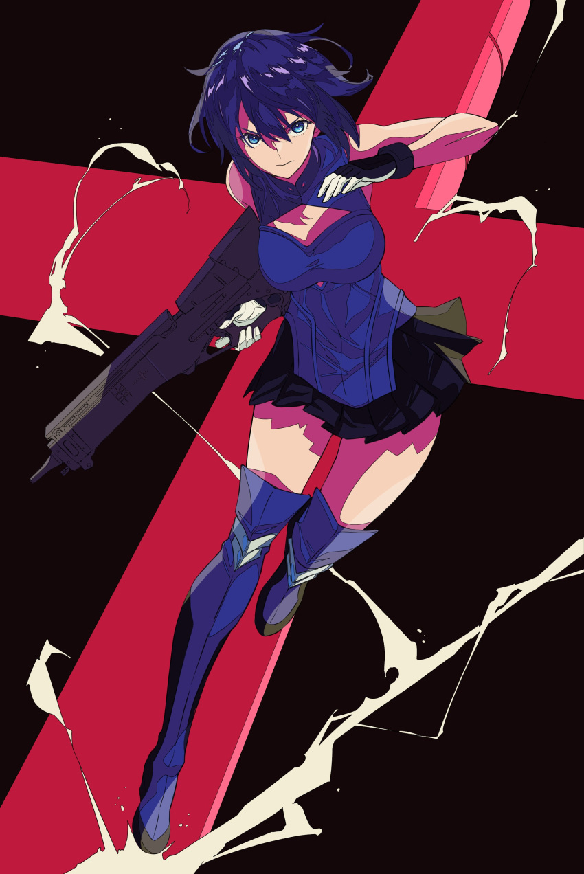 1girl absurdres bangs bare_shoulders black_gloves black_skirt blue_dress blue_eyes blue_footwear blue_hair boots breasts ciel_(tsukihime) cleavage_cutout closed_mouth clothing_cutout commentary_request dress full_body gloves gun hair_between_eyes highres holding holding_gun holding_weapon looking_at_viewer medium_breasts miniskirt pleated_skirt powered_ciel short_hair skirt sleeveless sleeveless_dress solo tsukihime tsukihime_(remake) two-tone_gloves weapon white_gloves xtango