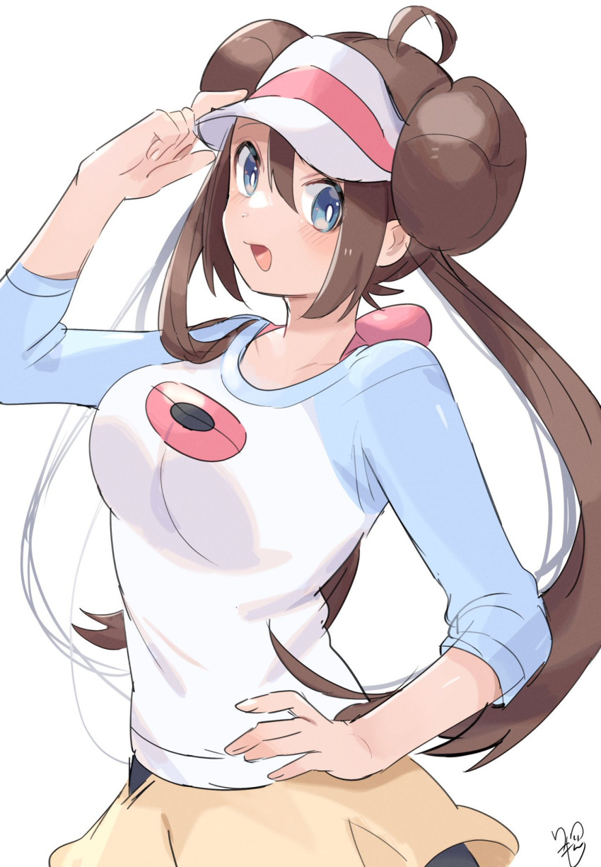 1girl bangs black_pantyhose blue_eyes blush bow breasts bright_pupils brown_hair commentary double_bun doughnut_hair_bun hair_between_eyes hair_bun hand_on_headwear hand_on_hip hand_up highres large_breasts legwear_under_shorts long_hair open_mouth pantyhose pink_bow pokemon pokemon_(game) pokemon_bw2 raglan_sleeves ririmon rosa_(pokemon) shorts signature smile solo twintails visor_cap white_background white_headwear white_pupils yellow_shorts