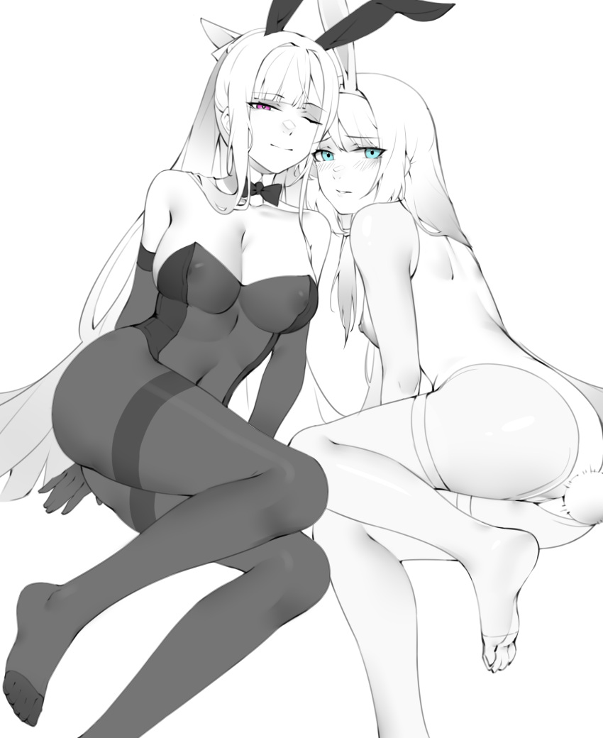 2girls \||/ ak-12_(girls'_frontline) an-94_(girls'_frontline) animal_ears aqua_eyes ass bangs black_bow black_bowtie black_pantyhose blunt_bangs bow bowtie breasts chinese_commentary cleavage closed_mouth covered_navel detached_collar dot_nose elbow_gloves fake_animal_ears fake_tail feet feet_out_of_frame full_body girls'_frontline gloves greyscale half-closed_eyes highres large_breasts leotard long_hair looking_at_viewer medium_breasts monochrome multiple_girls nipples one_eye_closed pantyhose parted_lips pink_eyes playboy_bunny see-through simple_background strapless strapless_leotard tail thighhighs thighs toes white_background white_thighhighs wsfw