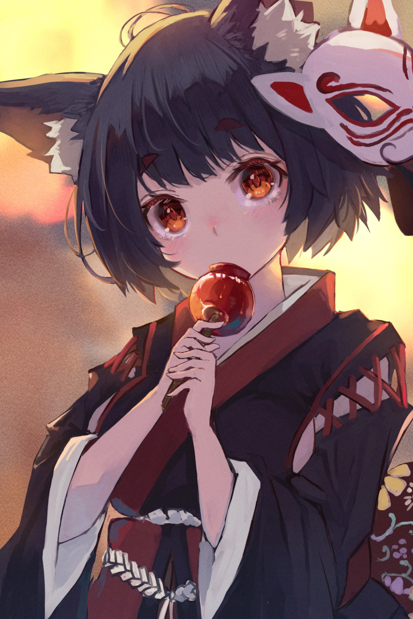 1girl animal_ears azur_lane black_hair black_kimono blush breasts candy_apple food fox_mask highres hikimayu japanese_clothes kimono looking_at_viewer mask mask_on_head mismatched_eyebrows nyucha obi orange_eyes sash short_hair sideboob sleeves_rolled_up solo thick_eyebrows wide_sleeves yamashiro_(azur_lane)