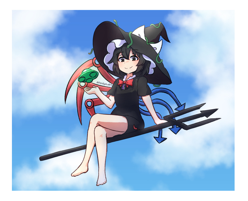 1girl alternate_eye_color asymmetrical_wings barefoot black_dress black_eyes black_hair blue_sky blue_wings bow bowtie breasts closed_mouth cloud commentary commission crossed_legs day dress english_commentary ferdy's_lab flying full_body hat highres houjuu_nue looking_at_viewer no_legwear outdoors polearm red_bow red_bowtie red_wings short_dress short_hair short_sleeves sky small_breasts smile snake solo touhou trident twitter_username ufo weapon wings witch_hat