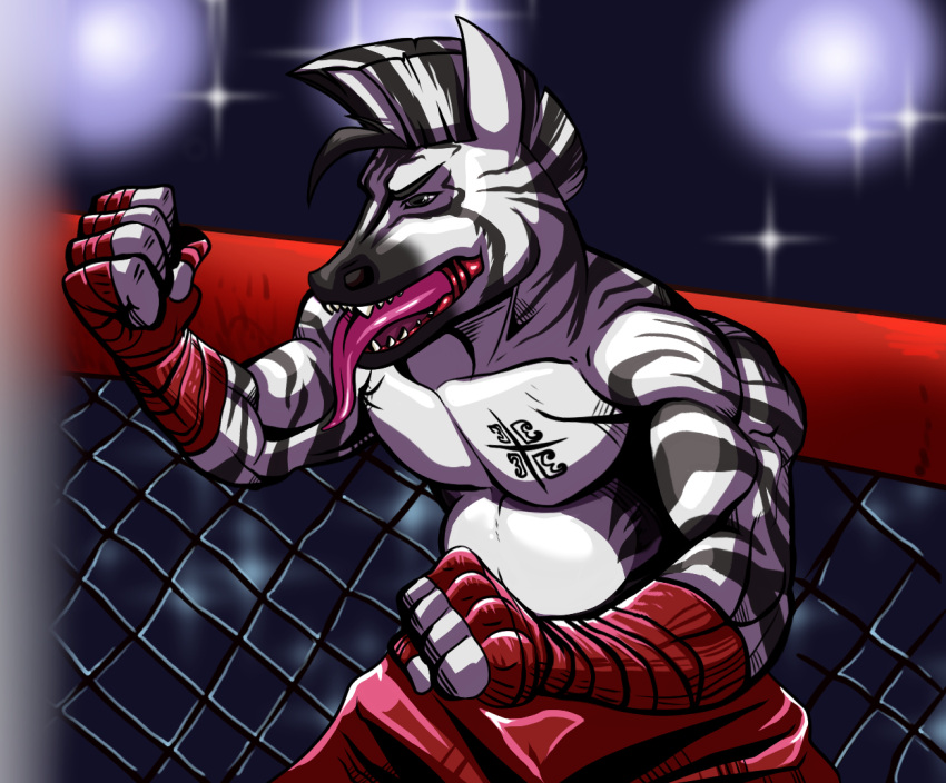 anthro arm_wraps boxers_(clothing) chest_tattoo clothed clothing cowlick equid equine hair hezio_copper lolpetor long_tongue male mammal muscular muscular_male solo tattoo tongue topless topless_male underwear unhinged_jaw wraps zebra