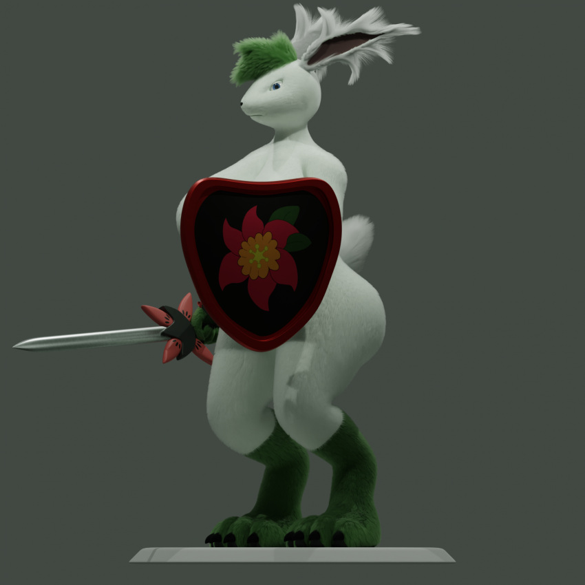 anthro breasts claws female floral_markings generation_4_pokemon grey_background hi_res legendary_pokemon markings melee_weapon nintendo pedestal pokemon pokemon_(species) shaymin shield simple_background solo sword the_tao_swordsman video_games weapon