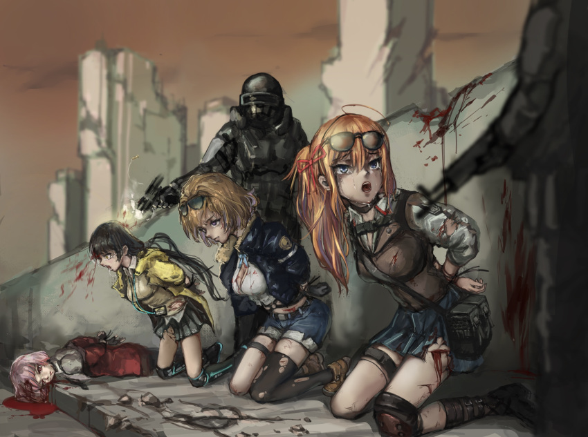 2others 4girls bangs black_choker black_hair black_necktie blood blood_on_clothes blood_on_face blood_splatter blue_eyes breasts brown_hair choker commentary_request corpse crying crying_with_eyes_open day death execution eyewear_on_head firing full_body gentiane_(girls'_frontline) girls'_frontline griffin_&amp;_kryuger_military_uniform grizzly_mkv_(girls'_frontline) gun guro hair_between_eyes hair_ornament hair_ribbon handgun highres holding holding_gun holding_weapon iuui jacket kalina_(girls'_frontline) kcco_(girls'_frontline) large_breasts long_hair looking_at_another looking_to_the_side lower_teeth medium_hair military multicolored_hair multiple_girls multiple_others necktie open_mouth orange_hair outdoors pantyhose pink_hair purple_eyes red_eyes restrained ribbon rifle ro635_(girls'_frontline) second-party_source shirt short_hair shorts side_ponytail skirt sunglasses tears teeth thighhighs torn_clothes torn_pantyhose torn_shirt upper_teeth weapon