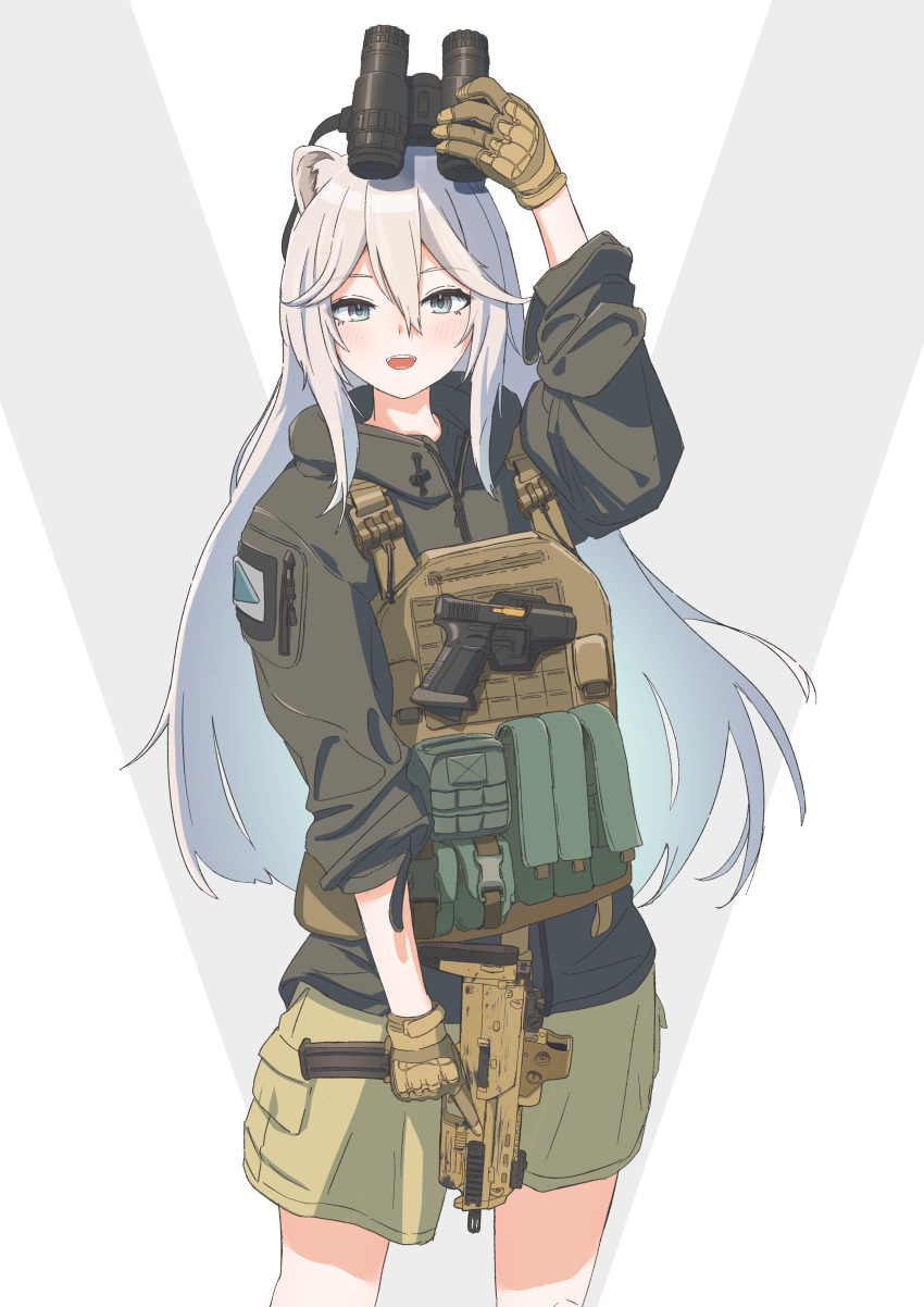 1girl :d absurdres animal_ears bangs blush cowboy_shot fangs gloves green_shorts grey_eyes grey_hair gun h&amp;k_mp7 hair_between_eyes highres holding holding_gun holding_weapon hololive holstered_weapon lion_ears long_hair long_sleeves looking_at_viewer military military_jacket night_vision_device official_alternate_hair_length official_alternate_hairstyle okapi_(yomaigoto) open_mouth plate_carrier shishiro_botan shorts sleeves_rolled_up smile solo straight_hair submachine_gun tactical_clothes trigger_discipline virtual_youtuber weapon