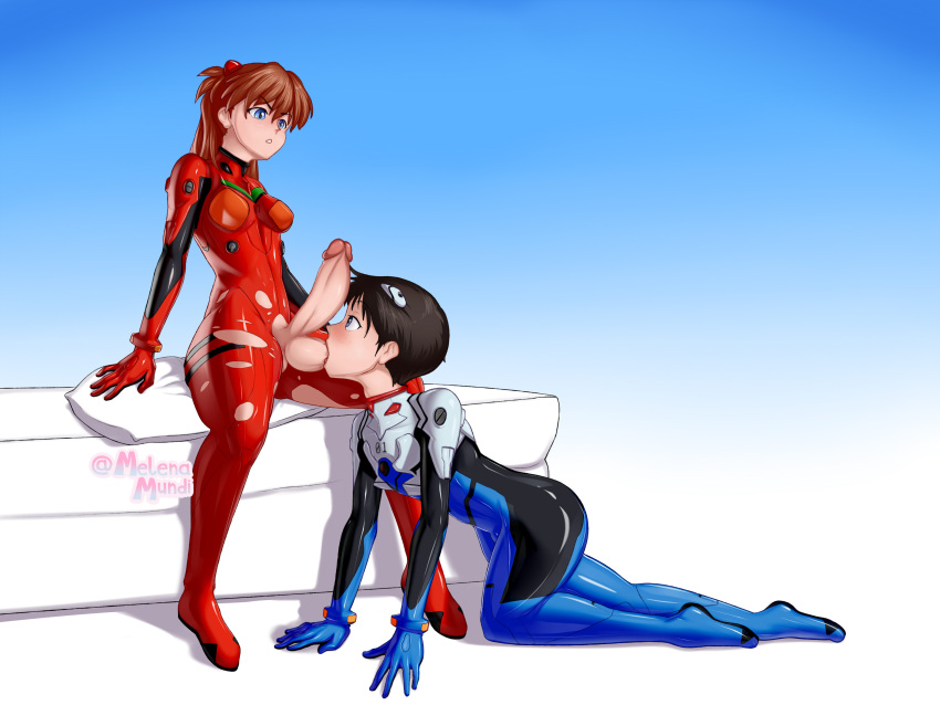 1boy 1girl abstract_background absurdres all_fours arm_support ass black_hair blue_eyes blush bodysuit breasts brown_hair bulge erection full_body futa_on_male futa_with_male futanari highres ikari_shinji large_penis large_testicles looking_at_penis melenamundi neon_genesis_evangelion oral penis penis_awe pillow plugsuit pussy pussy_peek red_hair sitting skin_tight souryuu_asuka_langley testicle_sucking testicles textless_version torn_bodysuit torn_clothes