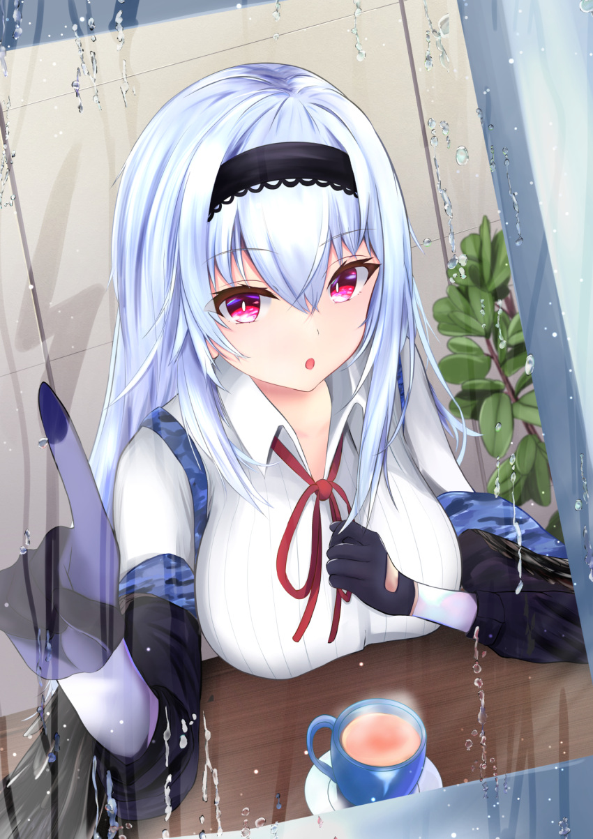 1girl :o bangs black_gloves black_hairband blue_hair blush breasts coffee_cup commentary cup disposable_cup girls'_frontline gloves hairband hand_on_own_chest highres long_hair long_sleeves looking_at_viewer medium_breasts nakaryo0404 neck_ribbon open_mouth purple_eyes red_ribbon ribbon shirt solo suspenders thunder_(girls'_frontline) upper_body water_drop white_shirt