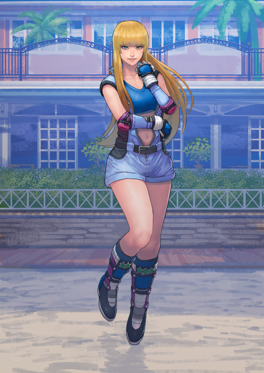 1girl :d absurdres bangs bare_shoulders belt blonde_hair blue_eyes blue_footwear blue_gloves blue_jacket blue_tube_top blunt_bangs boots cirenk commission cosplay elbow_pads fingerless_gloves full_body gloves grin highres jacket kazama_asuka kazama_asuka_(cosplay) lili_(tekken) lips long_hair looking_at_viewer mansion navel open_mouth outdoors palm_tree sleeveless sleeveless_jacket smile solo strapless teeth tekken tree tube_top