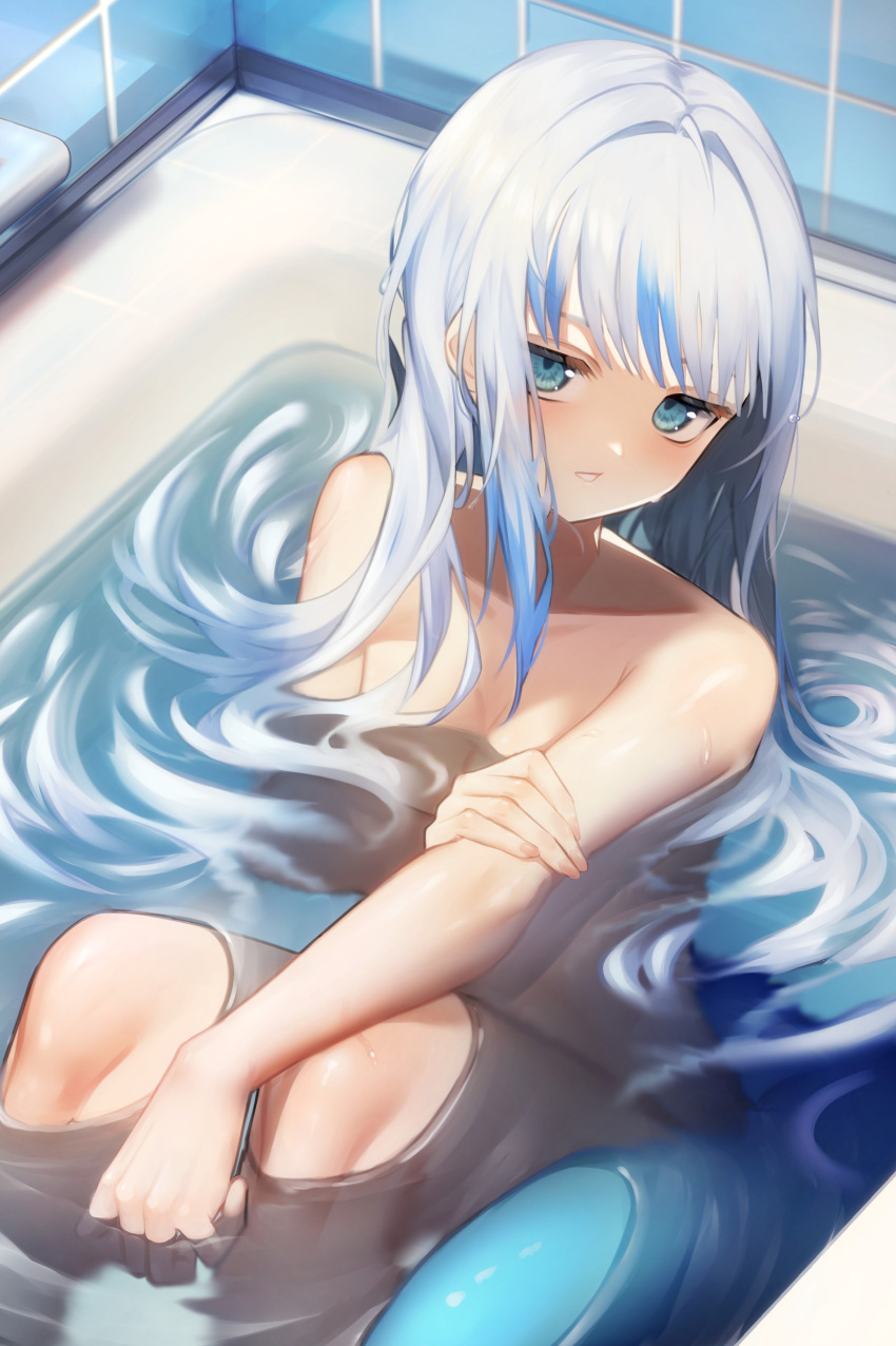 1girl absurdres bangs bathing bathtub blue_eyes blue_hair blush completely_nude feet_out_of_frame from_above gawr_gura highres hololive hololive_english knees_up long_hair looking_at_viewer multicolored_hair nude parted_lips partially_submerged pero_(peroneko0510) solo streaked_hair tail tile_wall tiles virtual_youtuber water wet white_hair