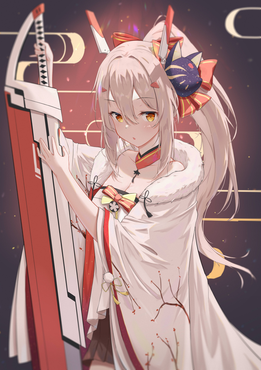 1girl absurdres ayanami_(azur_lane) azur_lane blonde_hair bow cat_hair_ornament fur-trimmed_kimono fur_trim futaba_nori hair_bow hair_ornament highres holding holding_sword holding_weapon japanese_clothes kimono ponytail red_bow solo sword weapon white_kimono yellow_eyes