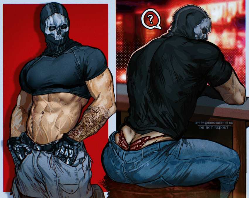 1boy ? abs arm_tattoo ass back bara black_shirt blue_pants call_of_duty call_of_duty:_modern_warfare_2 crop_top ghost_(modern_warfare_2) gloves highres large_pectorals male_focus male_underwear male_underwear_peek mask muscular muscular_male navel pants pectorals shirt sitting skull_mask tattoo thong umikochannart underwear