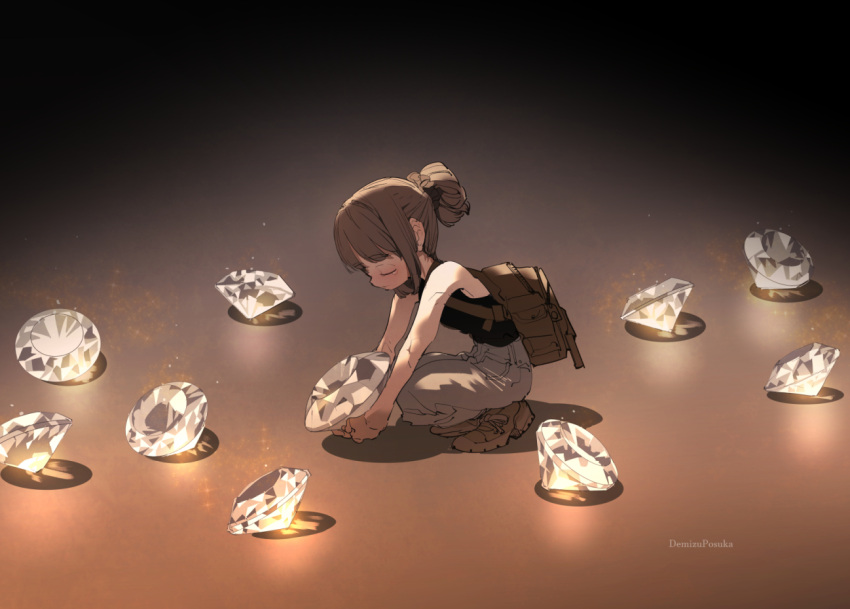 1girl artist_name backpack bag bangs black_tank_top boots closed_eyes closed_mouth commentary_request demizu_posuka diamond_(gemstone) gem hair_bun khakis medium_hair original picking_up shirt_tucked_in sidelocks solo sparkle squatting tank_top