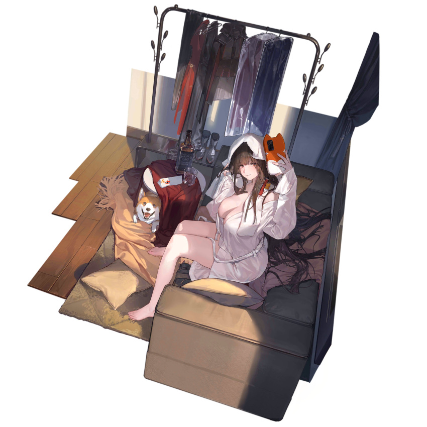 alcohol bare_legs bathrobe black_hair bottle breasts cellphone cleavage couch cup cushion dog drinking_glass dsr-50_(girls'_frontline) girls'_frontline highres long_hair official_art open_clothes phone see-through selfie sitting smartphone towel wet wet_hair whiskey