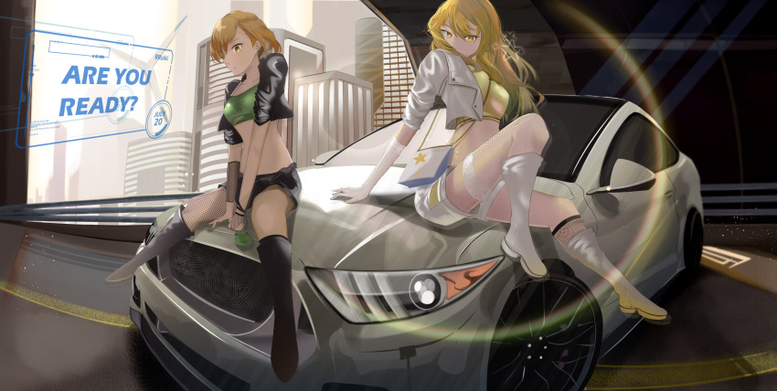 2girls alternate_costume artist_name asymmetrical_legwear bag bandeau bangs black_footwear black_jacket black_pantyhose black_shorts blonde_hair boots breasts brown_eyes brown_hair car chain cityscape collarbone covered_mouth crop_top cropped_jacket dated detached_sleeves elbow_gloves english_text fishnet_gloves fishnet_pantyhose fishnet_sleeves fishnets gekota gloves gold_chain green_tube_top ground_vehicle guard_rail hair_between_eyes handbag highres jacket knee_boots knee_up kneehighs large_breasts long_hair long_sleeves looking_at_viewer misaka_mikoto motor_vehicle multiple_girls on_vehicle pantyhose profile race_queen reiruiki shokuhou_misaki short_hair short_shorts shorts single_kneehigh single_leg_pantyhose single_sock single_thighhigh sleeves_rolled_up small_breasts socks sparkling_eyes spread_legs star_(symbol) strapless thighhighs toaru_kagaku_no_mental_out toaru_kagaku_no_railgun toaru_majutsu_no_index tube_top uneven_legwear white_footwear white_gloves white_jacket white_shorts white_thighhighs windmill yellow_crop_top yellow_eyes