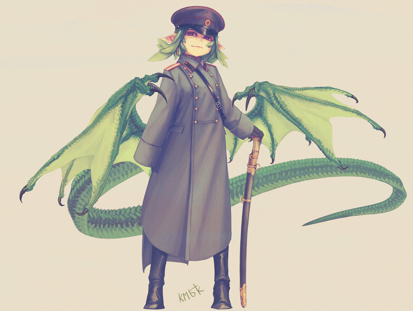 1girl arm_at_side artist_name belt black_footwear black_gloves black_headwear black_pantyhose buttons claws coat double-breasted dragon_girl dragon_tail dragon_wings earrings full_body gloves green_hair green_wings grey_coat hat holding holding_sword holding_weapon jewelry kmbk legs_apart long_hair long_sleeves looking_at_viewer original pantyhose peaked_cap pointy_ears purple_eyes simple_background sleeves_past_fingers sleeves_past_wrists slit_pupils smile solo standing sword tail weapon wings