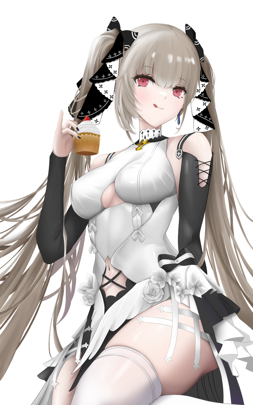 1girl absurdres azur_lane black_nails bow clothing_cutout cupcake detached_sleeves flower food formidable_(azur_lane) frills grey_hair highres holding holding_food long_hair navel_cutout pinky_out red_eyes rose siki_(ppme4782) thighhighs tongue tongue_out twintails underboob_cutout white_bow white_flower white_rose white_thighhighs