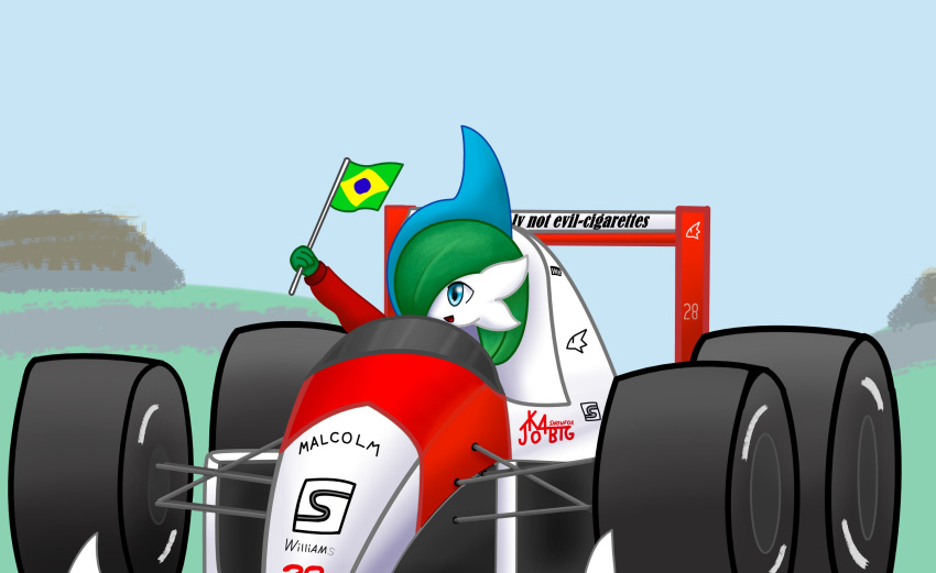 2022 blue_eyes brazil brazilian_flag formula formula_1 formula_1_car gallade generation_4_pokemon green_hair hair hi_res humanoid jk04btg male nintendo not_furry pokemon pokemon_(species) racer signature simple_background solo video_games