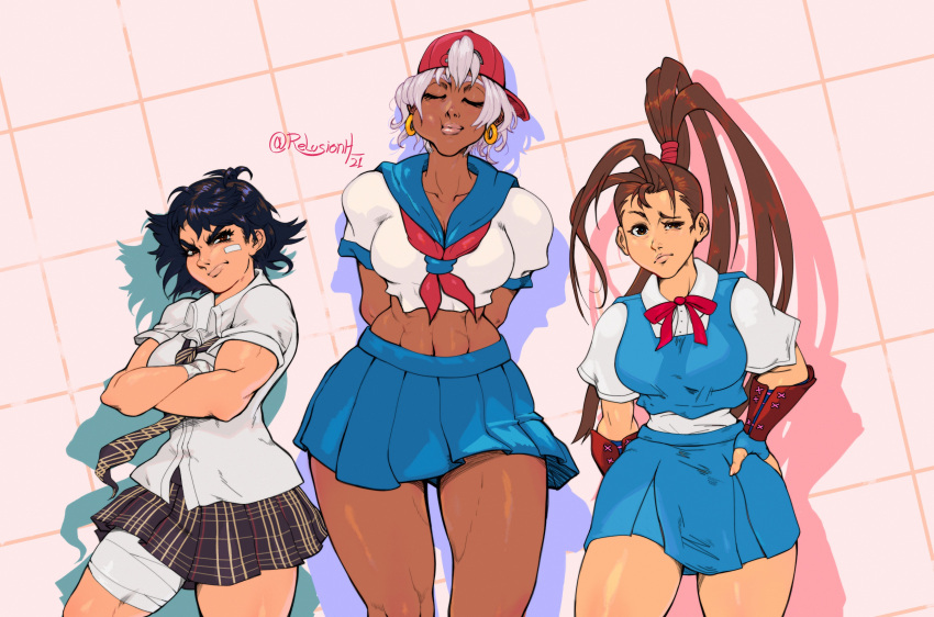 3girls abs absurdres antenna_hair arm_at_side arms_behind_back backwards_hat bandaged_leg bandages bandaid bandaid_on_cheek bandaid_on_face baseball_cap biceps black_hair blue_serafuku blue_skirt breasts brown_eyes brown_hair chewing cleavage closed_eyes crop_top crossed_arms dark-skinned_female dark_skin earrings elena_(street_fighter) english_commentary frown grey_hair hand_on_hip hat height_difference high_ponytail highres hoop_earrings ibuki_(street_fighter) jewelry long_hair makoto_(street_fighter) medium_breasts midriff multiple_girls muscular muscular_female navel necktie official_alternate_costume pink_lips plaid plaid_skirt pleated_skirt raised_eyebrow red_headwear red_ribbon relusionh ribbon school_uniform serafuku short_hair short_sleeves skirt street_fighter street_fighter_iv_(series) summer_uniform tall_female thick_thighs thighs very_dark_skin