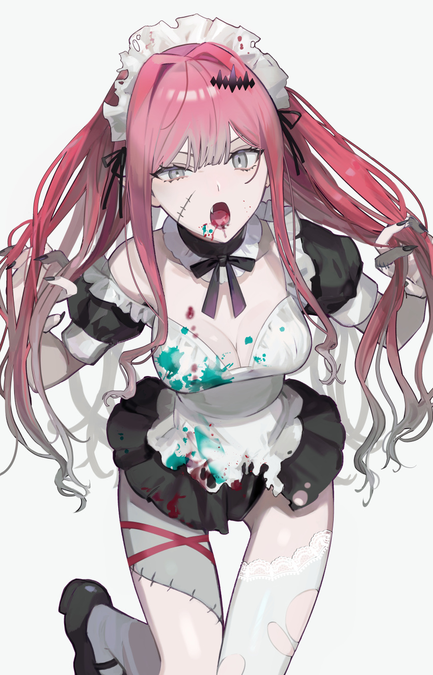 1girl absurdres alternate_costume black_footwear black_nails breasts dress enmaided fairy_knight_tristan_(fate) fang fate/grand_order fate_(series) grey_eyes hands_in_hair highres kitou_saji long_hair maid maid_headdress open_mouth paint_on_clothes paint_splatter pink_hair single_thighhigh solo stitched_face stitched_leg stitches thighhighs torn_clothes torn_dress torn_thighhighs white_thighhighs