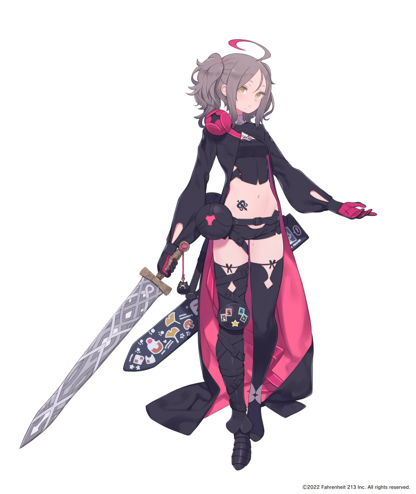 1girl absurdres ahoge asymmetrical_legwear belt boots breasts brown_eyes cape crop_top full_body gloves gradient_hair grey_hair highres holding holding_sword holding_weapon kuroboshi_kouhaku medium_hair mole mole_on_thigh mole_under_mouth multicolored_hair navel official_art pink_hair sheath short_shorts shorts shrug_(clothing) simple_background small_breasts solo stomach_tattoo sword tachi-e tattoo thighhighs tsurugihime twintails two-tone_gloves two-tone_hair weapon white_background