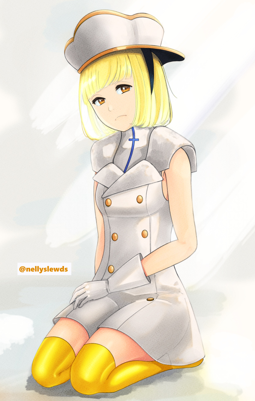 1girl absurdres bleach bleach:_the_thousand-year_blood_war blonde_hair breasts buttons dress frown gloves hat highres kneehighs liltotto_lamperd looking_at_viewer military military_hat military_uniform nellyslewds pantyhose short_hair sleeveless small_breasts socks solo thighs uniform white_background white_gloves yellow_eyes yellow_socks zettai_ryouiki