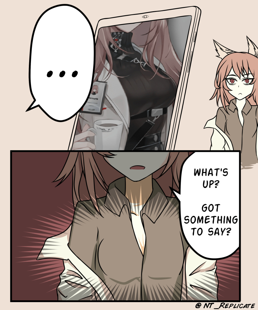... 2girls absurdres animal_ear_fluff animal_ears bags_under_eyes bangs breasts cat_ears cleavage cup english_commentary english_text expressionless fake_animal_ears girls'_frontline hair_between_eyes highres holding holding_cup iam_(nt_replicate) id_card labcoat large_breasts long_hair looking_at_viewer medium_breasts messy_hair multiple_girls off_shoulder open_mouth persica_(girls'_frontline) persicaria_(girls'_frontline_nc) red_eyes shirt speech_bubble tablet_pc turtleneck twitter_username