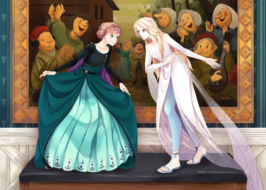 2girls anna_(frozen) bangs bare_shoulders blonde_hair blue_dress braid breasts dress elbow_gloves elsa_(frozen) flower frozen_(disney) frozen_2 full_body gloves inu0831 jewelry long_dress long_hair medium_breasts multiple_boys multiple_girls siblings sisters sleeveless sleeveless_dress