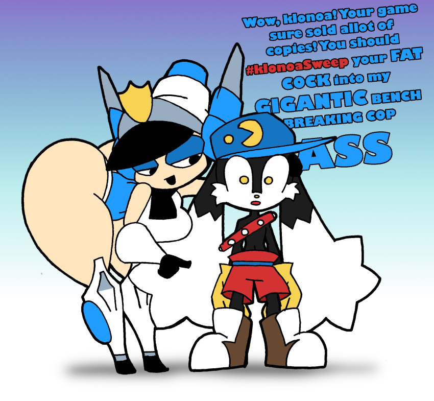 age_difference anthro armor bent_over black_body butt clothed clothing dialogue duo english_text felid feline female gloves handwear hat headgear headwear helmet hi_res human hybrid klonoa klonoa_(series) lagomorph leporid long_ears male mammal mighty_switch_force! multicolored_body patricia_wagon rabbit rexon02 size_difference text thick_thighs topless two_tone_body video_games wayforward wide_hips yellow_eyes