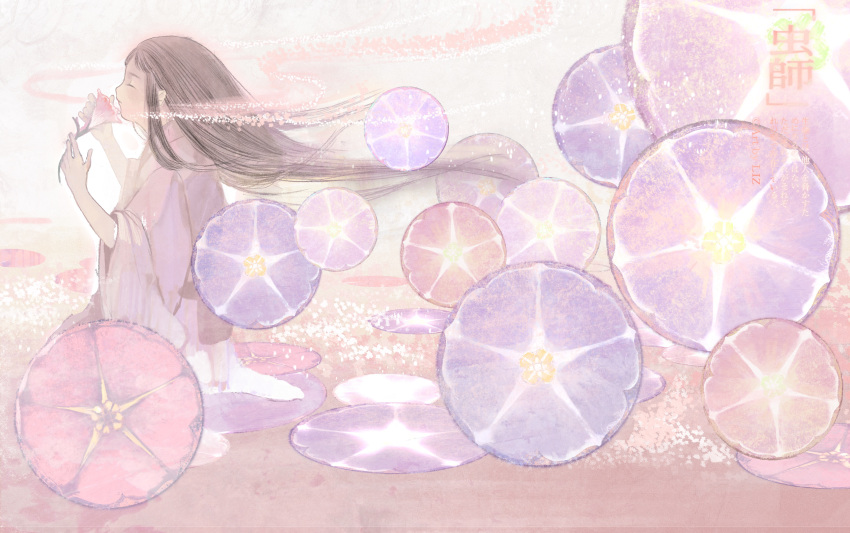 1girl absurdres akoya_(mushishi) artist_name bangs blue_flower brown_hair closed_eyes dust floating_hair flower from_side glowing hands_up highres holding holding_flower japanese_clothes kimono light_particles lizwaaa long_hair long_sleeves mushishi pink_flower profile purple_flower red_flower smelling_flower solo very_long_hair