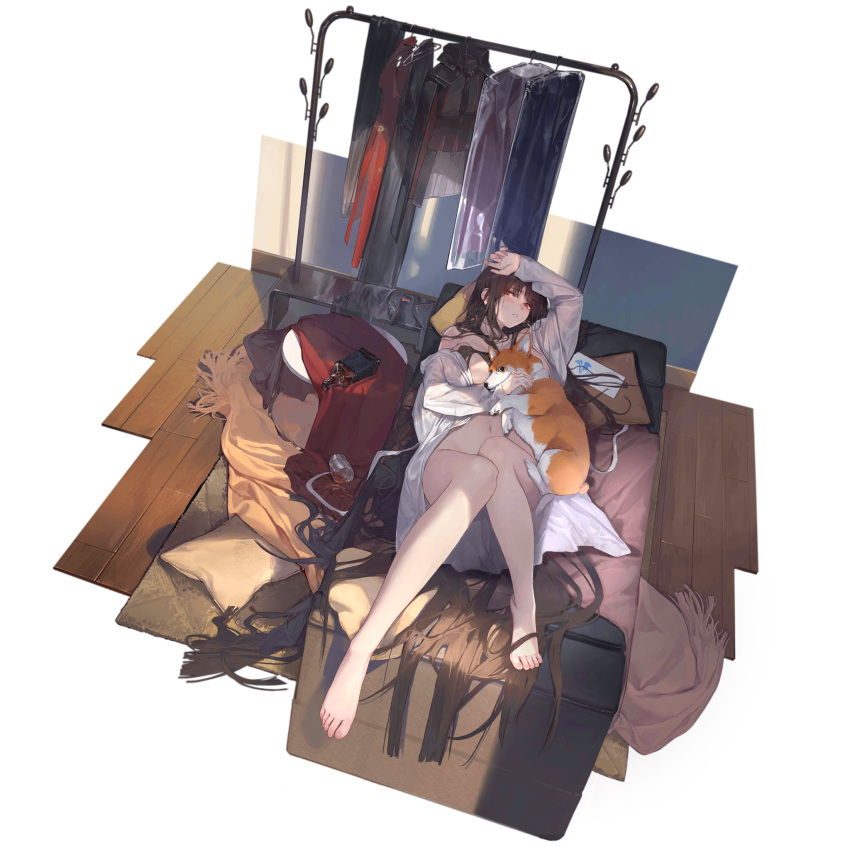 bare_legs bathrobe black_hair bottle breasts cellphone cleavage couch cup cushion dog drinking_glass dsr-50_(girls'_frontline) girls'_frontline hair_over_breasts highres long_hair lying official_art open_clothes phone