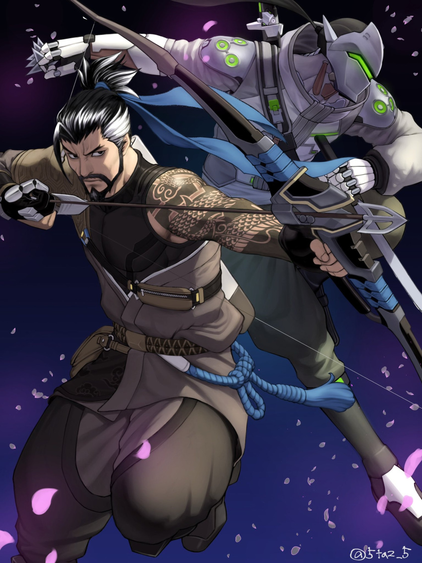 2boys 5tatsu archery arm_tattoo arrow_(projectile) baggy_pants black_hair blue_background blue_ribbon blue_rope bow_(weapon) brothers drawing_bow falling_petals fighting_stance genji_(overwatch) gloves grey_hoodie grey_pants hair_pulled_back hair_ribbon hanzo_(overwatch) helmet highres holding holding_arrow holding_bow_(weapon) holding_shuriken holding_sword holding_weapon hood hoodie japanese_clothes low_ponytail male_focus mechanical_parts multicolored_hair multiple_boys overwatch overwatch_2 pants partially_fingerless_gloves petals ponytail quiver ribbon rope shuriken siblings streaked_hair sword tattoo twitter_username wakizashi weapon white_hair