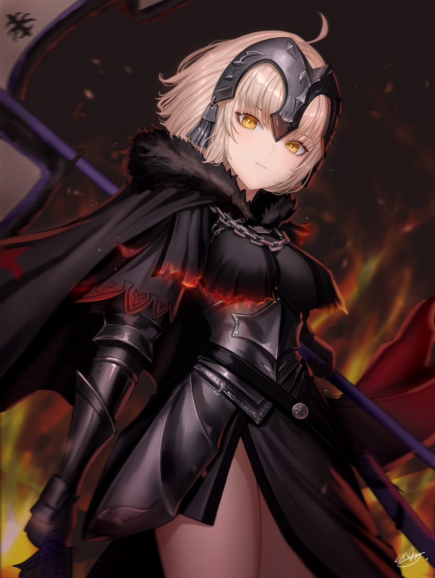 1girl absurdres aendi_en_d_endei ahoge armor armored_dress black_cape black_dress blonde_hair cape chain dress fate/grand_order fate_(series) flag fur_trim headpiece highres holding holding_flag jeanne_d'arc_alter_(avenger)_(fate) jeanne_d'arc_alter_(fate) solo yellow_eyes