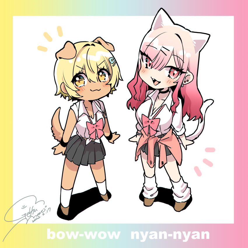 2girls :3 absurdres animal_ears black_skirt blonde_hair blush bow bowtie brown_footwear cat_ears cat_tail clothes_around_waist dated dog_ears dog_tail earrings gal_gamer_ni_homeraretai geshumaro gradient_border gradient_hair gyaru hair_ornament hairclip highres jacket jacket_around_waist jewelry kemonomimi_mode kogal kunioka_yuu long_hair looking_at_viewer loose_socks miniskirt multicolored_hair multiple_girls notice_lines pink_bow pink_bowtie pink_eyes pink_hair pleated_skirt school_uniform shirt shoes short_hair signature skirt sleeves_rolled_up smile smug socks suzuki_rion tail white_shirt white_socks