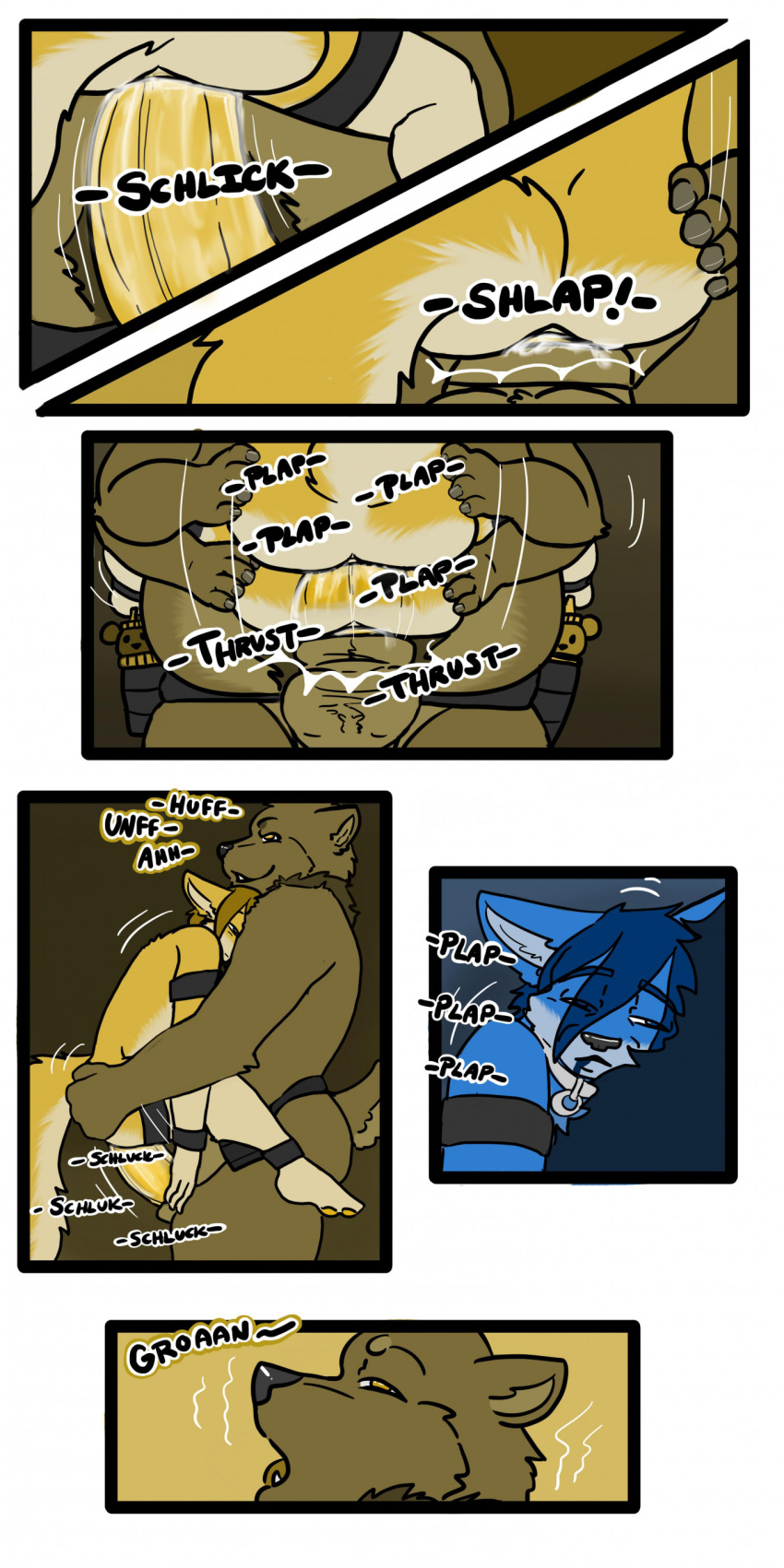 absurd_res animal_genitalia anthro anthro_on_anthro anthro_penetrated anthro_penetrating anthro_penetrating_anthro balls biped bodily_fluids body_hair butt canid chest_tuft cobalt_(tatsuchan18) collar comic dialogue drugged duo english_text fur genitals hair hi_res lying male male/male mammal penetration penis sex sheath sound_effects speech_bubble stretching substance_intoxication tatsuchan18 tears text text_box tuft ursid